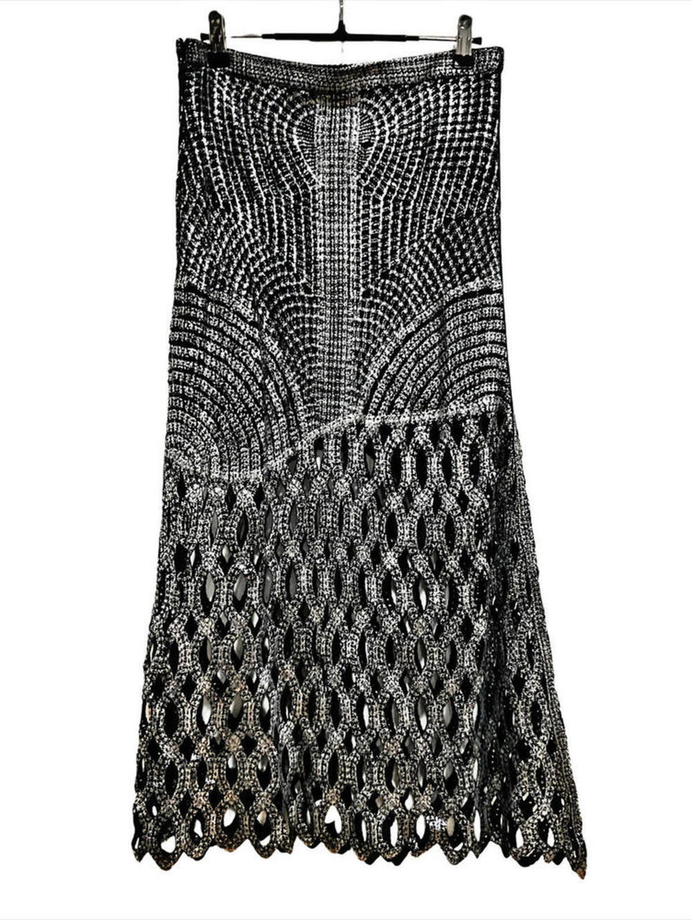 NWT Elegant Euro Sheer Knotted Crochet Lace Silver Metallic A-Line Maxi Skirt - Picture 6 of 12